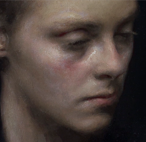 Jordan Sokol — Dark Days, 2013.  Painting: oil on linen, 13.5 x 12.5 in. Female portrait