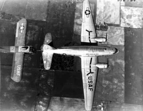 A C-46 Commando tows a CG-15 in September, 1950. (NMUSAF)