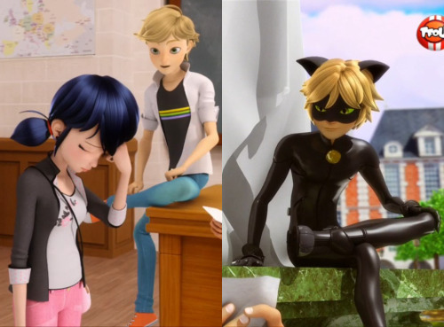 michigopyon:  miraculous-chan:  Adrien vs Chat Noir  I love this so muchhh It’s so interesting to see side-by-side how while he’s essentially doing the same exact gesture, there are little differences. Adrien is more subtle and proper- straight back,