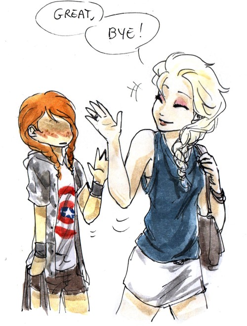 a-return-to-yuri:  ninjaelsanna:  Modern AU - French!Elsa: Anna is in College, and lives with her two roommates : Kristoff and Rapunzel. Rapunzel introduces Anna to her French penpal, Elsa, who just arrived in the city and have a little flat near theirs.