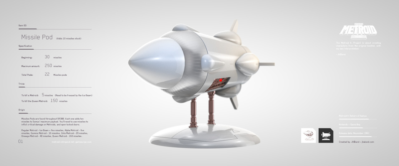 Missile Pod
An item from Metroid II: Return of Samus.
The Metroid II: Project is about modeling and render characters from the game booklet.
See the whole project at Flickr