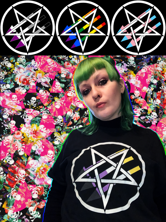 person in Satanic Antifascism shirt (three arrows with pentagram on top of it) queer pride logos around them