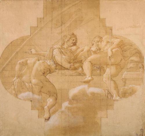Jupiter, Neptune, and Pluto by Francesco Primaticcio, preparatory drawing for the ceiling painting i