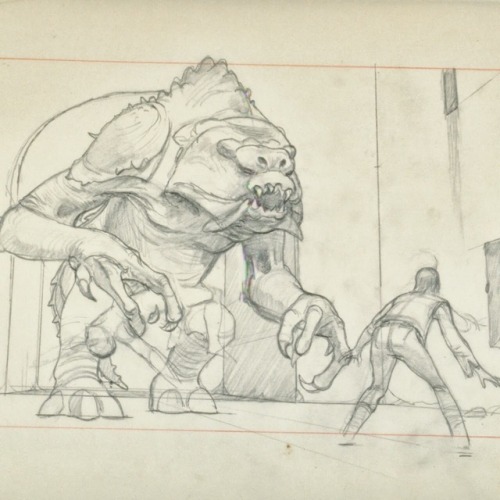 Ralph McQuarrie’s art and sketches for Luke’s confrontation with the Rancor. Return of the Jedi (198