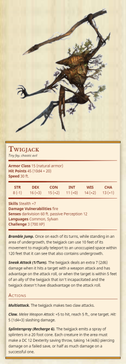 TwigjackTiny fey, chaotic evilArmor Class 15 (natural armor)Hit Points 45 (10d4 + 20)Speed 30 ft.Str