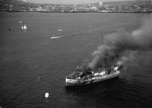 Burning a ship in Elliott Bay, Seattle c. 1950. This Seafair tradition lasted until the 1960s.