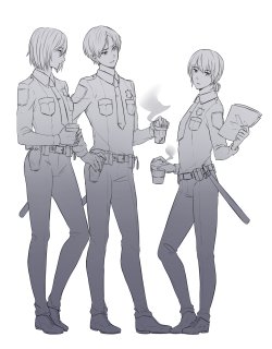 fumuko:  Yeaaahhh police uniforms are unffff~ Oh and this is the first time that I ever drew Armin and Mikasa, I am disappointed with myself… 