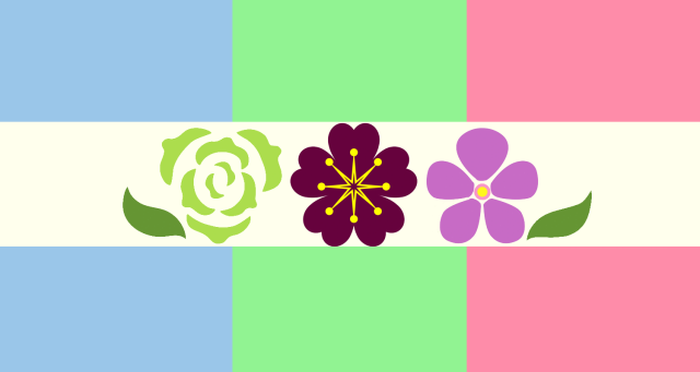 A combination of the Achillean, Diamoric, and Sapphic flags. The bottom and top stripes are (in order from left to right) light blue, light green, and light pink. Through the middle of these stripes is a cream white. In the middle of the flag is the symbols for each respective flag. From left to right, these symbols are a green carnation with a dark green leaf on it's left side, a purple myrtle, and a violet with a dark green leaf on it's right side.