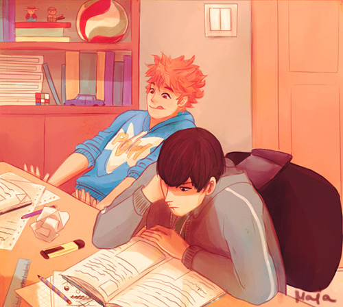 kougamishinyas: ╰(•̀ 3 •́)━☆ﾟ.*･｡ﾟ Study time with Hinata and Kageyama.