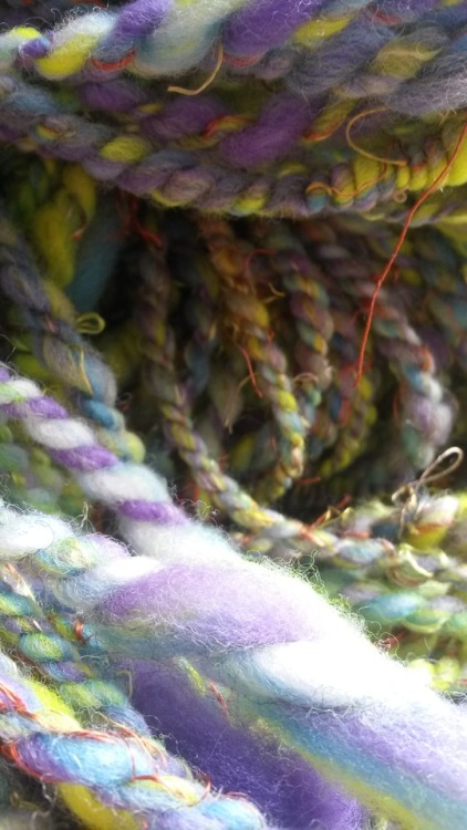 Handspun: Old Sheep Studio fiber in wool and silk. Big and fluffy and meandering.