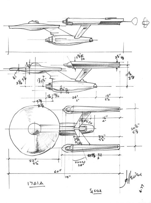 classictrek:  Production sketches and final scale drawing by Matt Jeffries, 1965-1966 The Enterprise went through multiple iterations before production started, with Jeffries spending several weeks coming up with ideas that just weren’t hitting any