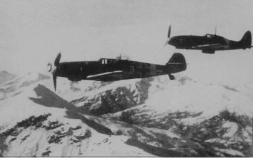 Macchi MC205 Veltro (belonging to ANR) &amp; a fellow BF 109 flying over the Alps