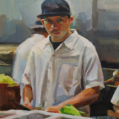 Taryn Day,  “Cook in a Malaysian Restaurant”,  oil on board,  6” x 6”, 