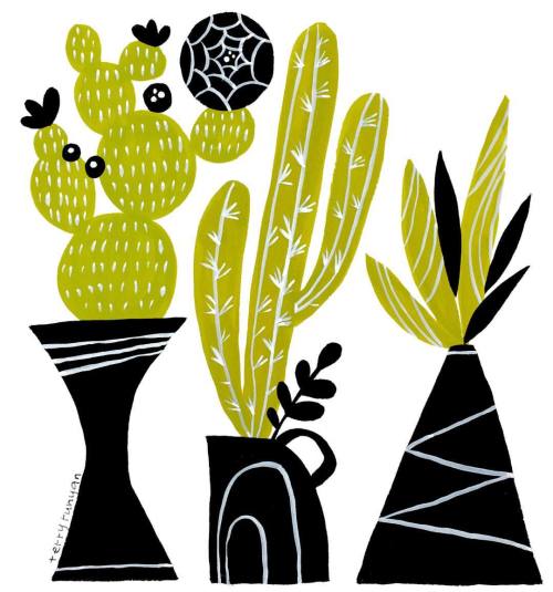 terryrunyanillustration:Green and black cactus. ⚫️⚫️⚫️ #gouache #painting #cactus #cactusart #cactus