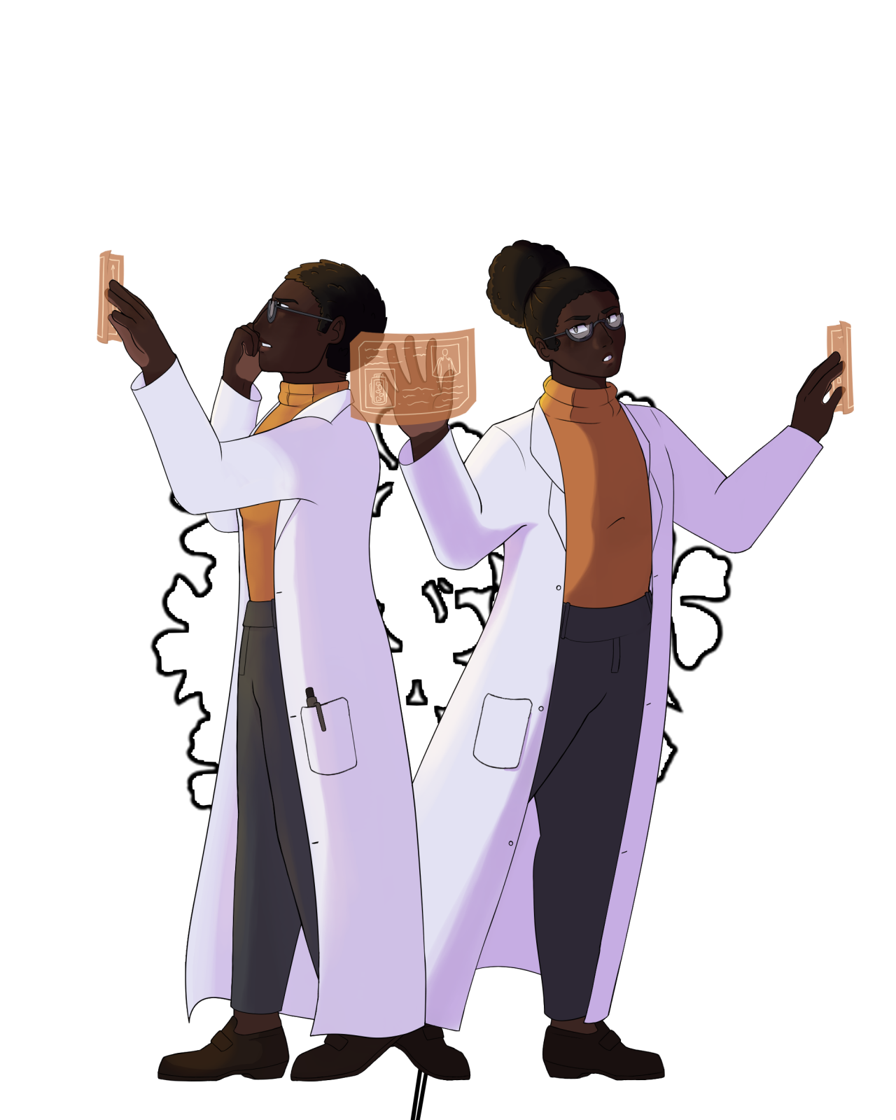 Two black scientists, Female!Dr.Mortum and Male!Dr.Mortum, stand on the center of the screen. They have curly dark-brown hair, with F!Mortum's hair in a bun and M!Mortum's hair cropped close to his head. M!Mortum stands left at a side profile, with his focus trained on a holographic orange screen. Meanwhile, F!Mortum faces the viewer with a neutral expression on her face. She has both hands interacting with separate holographic screens. Both of them wear glasses and a lab-coat over an orange turtleneck and dark gray slacks. They stand in front of the outline of forget-me-nots.