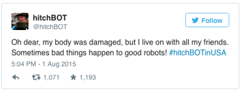 kingdededesairship:  gxrm666:  skullfuckingdemon:  micdotcom:  Canada sent a friendly robot to America. Americans destroyed it.This is why we can’t have nice things.  On Saturday, vandals in Philadelphia destroyed a hitchhiking robot from Canada named