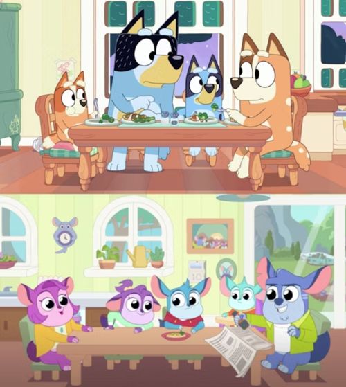 a screenshot of the show Bluey, followed by a screenshot of the show Chip Chilla. Both look visually similar, with the family of characters sitting around a table. The Bluey characters are semi-realistically colored anthro dogs, while the Chip Chilla characters are brightly colored chinchillas. Also, the Chip Chilla characters have rounder, shinier eyes. Their coloration is gendered, with the girls being pink and the boys being shades of blue. The Bluey cast, in contrast, isn't colored by gender; two dogs are just blue and two are tan.