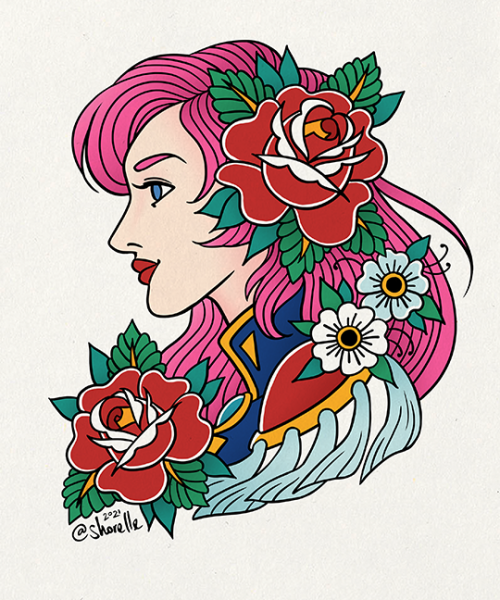 Anthy x Utena, as traditional tattoo flash portraits 