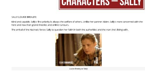 Character page for Louise Brealey’s character in Containment.