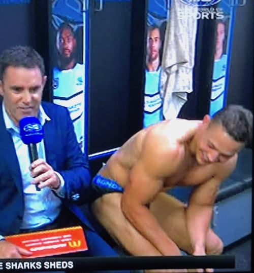realundiemen: Cronulla Shark Scott Sorensen flashing his Bonds undies post game…
