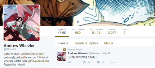 queerhawkeye:[Caption: a screencap of Andrew Wheeler’s twitter profile.]After comics writer [Dan Slo