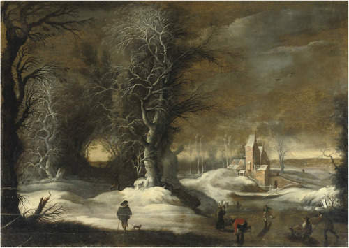 Gijsbrecht Leytens (1586 - 1643 to 1656) - Winter Landscape with Figures Sleighing and Skating. Oil 