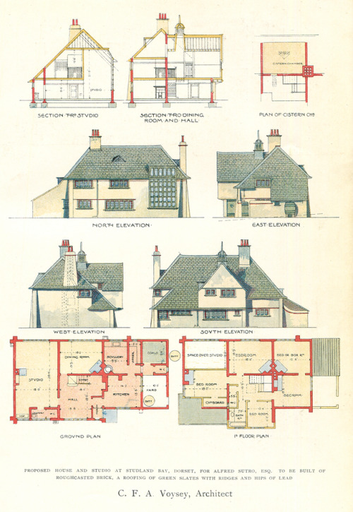 vintagehomeplans:United Kingdom, 1906: Proposed House and Studio at Studland BayA large house and st