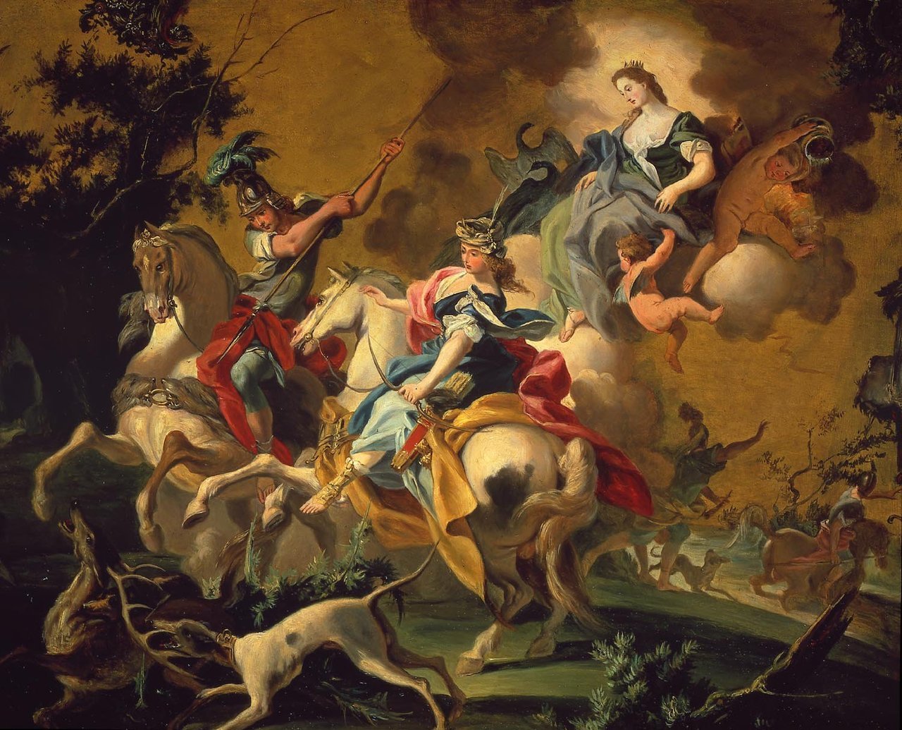 hildegardavon:
“  Filippo Falciatore, documented 1718-1768 in Naples
The royal hunt of Dido and Aeneas, n/d, oil on canvas, 58x71 cm
Private Collection
”
