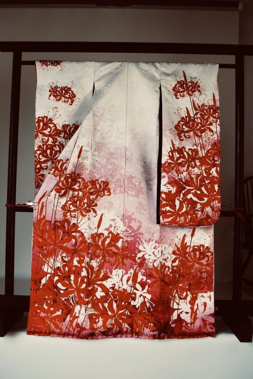 Impressive higanbana (red spider lily) susohiki BJD kimono, seen on. I’d love to see that design hum