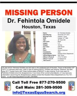 ifidontjust:  HOUSTON, AUSTIN, AND ALL CENTRAL TEXAS - AREA PEOPLE: PLEASE SHARE PUBLICLY! Our friend Fehintola Omidele is missing. She is a doctor and did not report for work at Children’s Memorial Hospital Texas Medical Center (Houston, TX) on