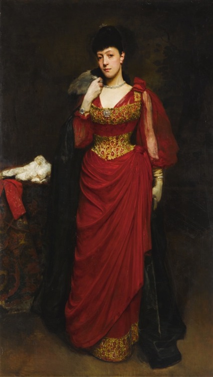 Portrait of a lady in a red dress or Portrait of Bessie Burton by William Logsdail (1859-1944)