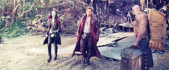 bevioletskies:peter &amp; gamora + parallels (slow-mo walking) | marvel cinematic