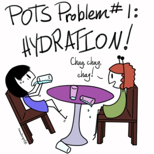 [Drawing of Potsie at a table, drinking glass after glass of water. Another girl cheers her on, “Chu