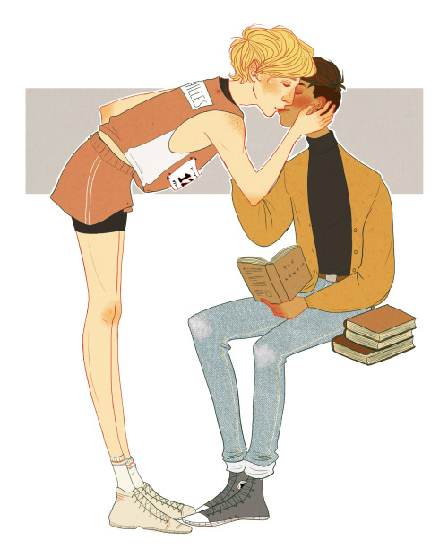 abbedraws:high school au patroclus and achilles. track team achilles sharing a lucky kiss with the b