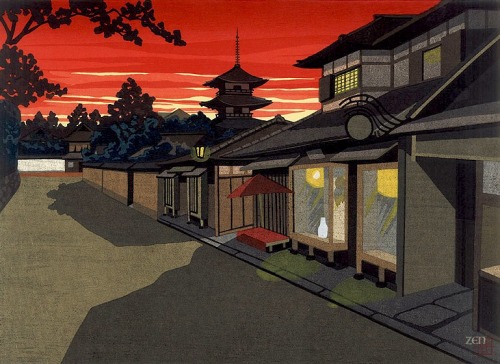 lilacsinthedooryard: Masao Ido ( Japan  1945-2016)Sunset glow Pagoda, Yasaka  1986woodblock print
