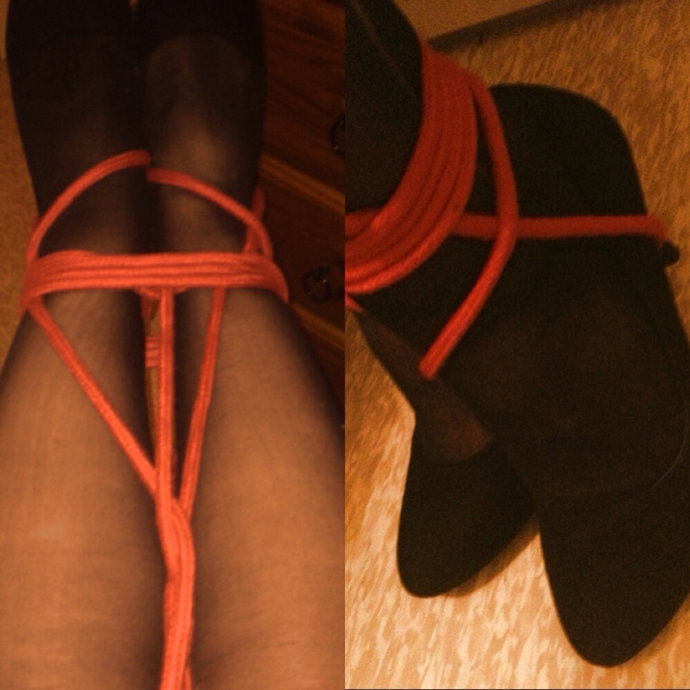 wetcherryblossom:  Black heels and red rope ❤️ Just kidding, sluts don’t need