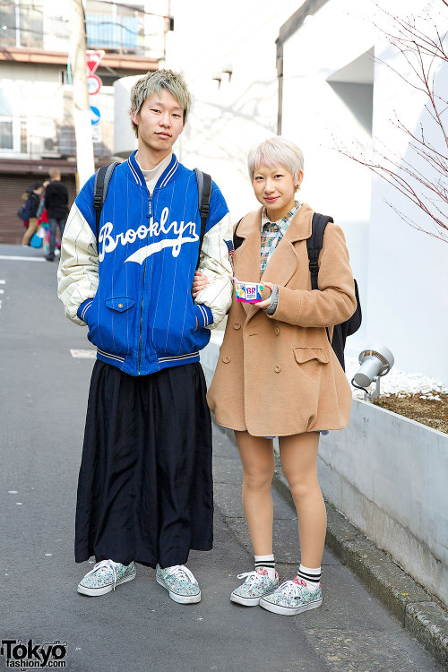 19-year-old Harajuku guy in resale Brooklyn Dodgers jacket and maxi skirt with 19-year-old girl in a