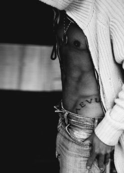 kitteninlouboutins:  Oh hey…I was…a just wondering…um, what your tat says?  (I really don’t give a fuck about the tat, I just want to see more hip. ;)  Hip. Stomach. Abs. Chest. Cock. Whatever.