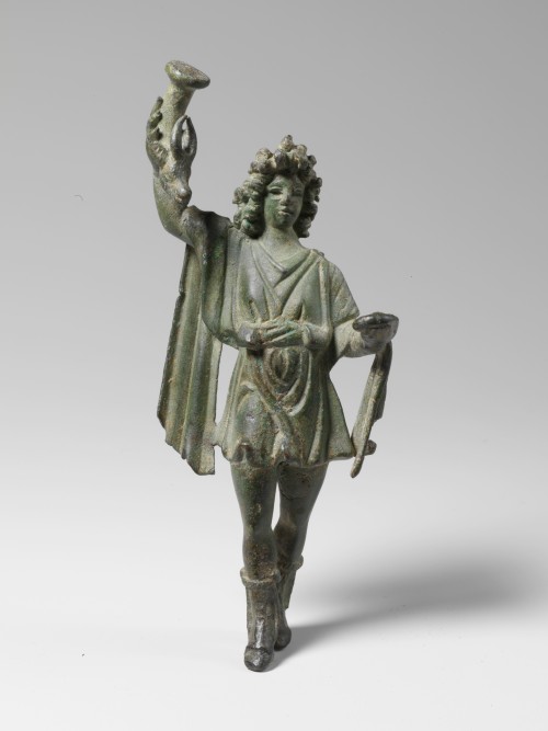Bronze statuette of a Lar (ancient Roman household god) with a rhyton (drinking horn) and patera (of