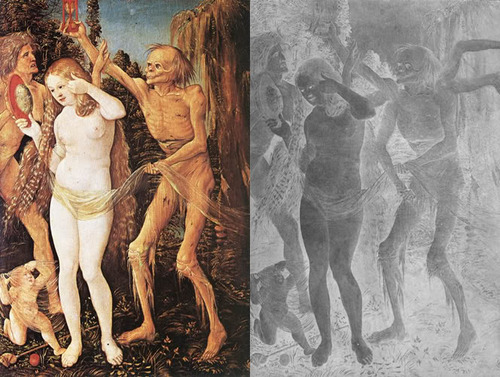 horror-is-not-dead:  This painting by Hans Baldung a German Renaissance artist is called “Three Ages of Woman and Death”. It shows the figure of death or as Hans Baldung called it “Der Ritter” holding up an hour glass. When observed, it came to