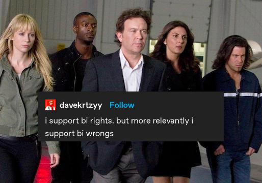 Hardison, Eliot, Parker, Sophie and Nate all next to each other, looking fierce. Over them a textpost by @davkrtzyy is placed, saying 'i support bi rights. but more relevantly i support bi wrongs'