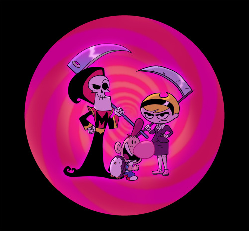 maxwellatoms:  I may as well be a tease. This was the “cover image” for the script for “Billy &amp; Mandy Destroy Us All (A Cosmic Horror Musical)”. Mandy is definitely a WIP. It was always weird trying to age-up characters in the B&amp;M universe.