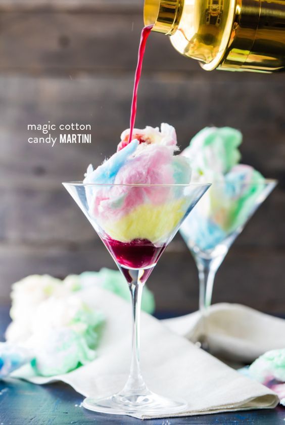 everythingsparklywhite:
“Magic Cotton Candy Martini
Ingredients
• 4 cups cotton candy
• 4 cups grape juice
• 6 ounces vanilla vodka
Instructions
• Combine juice and vodka with ice in a shaker. Shake to combine.
• Place 1 cup cotton candy into each...