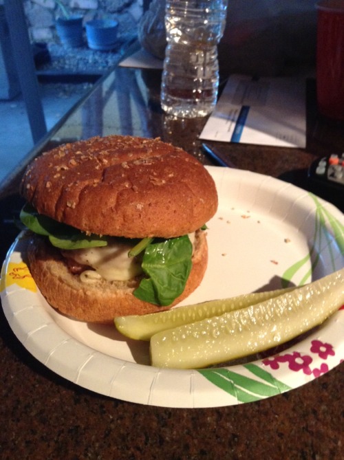 Dinner by me: turkey burger with spinach, havarti cheese, and dill pickles