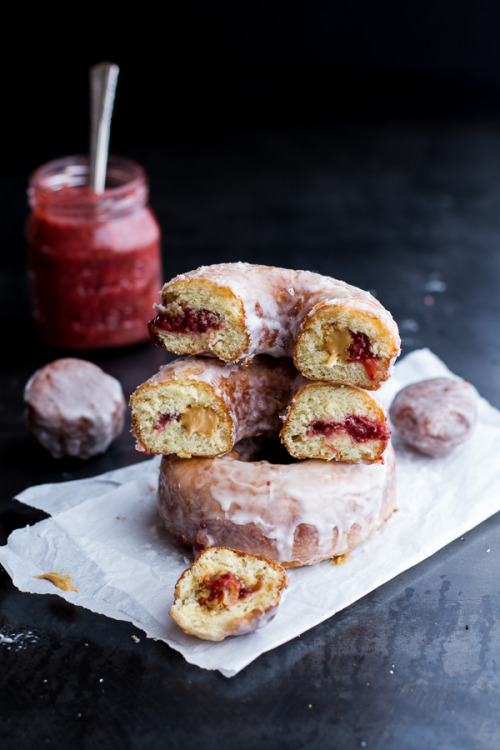 guardians-of-the-food:  Glazed Peanut Butter and Jelly Doughnuts with Strawberry Rhubarb Chia Jelly