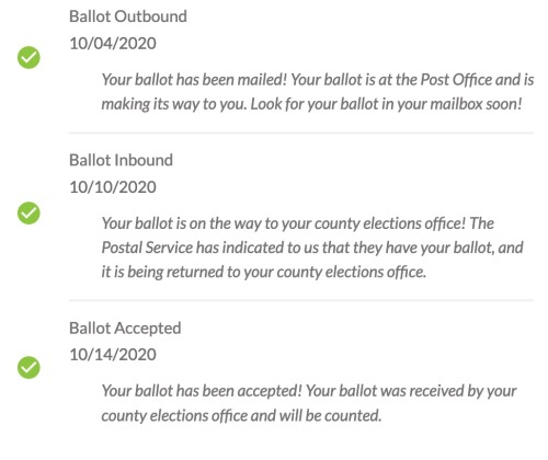 My Vote By Mail ballot is officially back at the Registrar of Voters, ready to be counted!  Woo