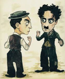 no-sir-i-will-not-yield:   Buster Keaton and Charlie Chaplin   Artwork by Damian Blake.    