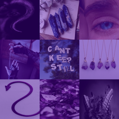 Dark, Royal Purple Tiefling with Blue Eyes with a Focus on Jewelry, Gems, and an Inability to Sit St