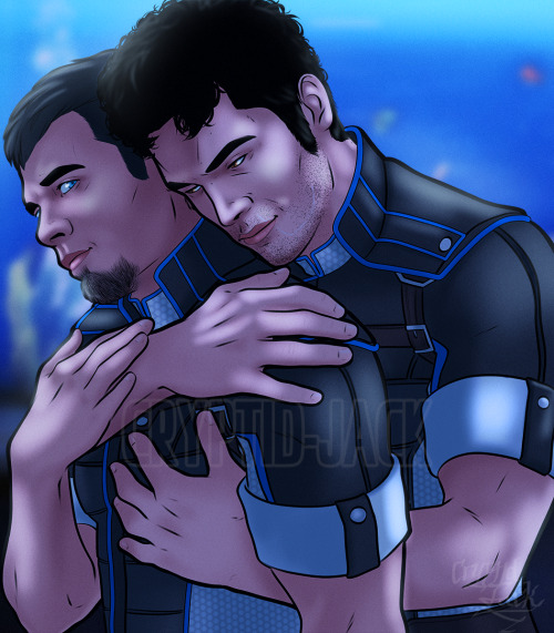 Commission for a client of their custom Shepard and Kaidan from Mass Effect.That fish tank in Shep’s