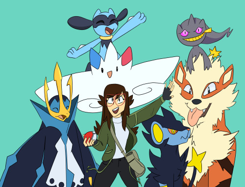 I drew myself and my boyfriend as pokemon trainers. I have my favorite pokemon and I might add more.